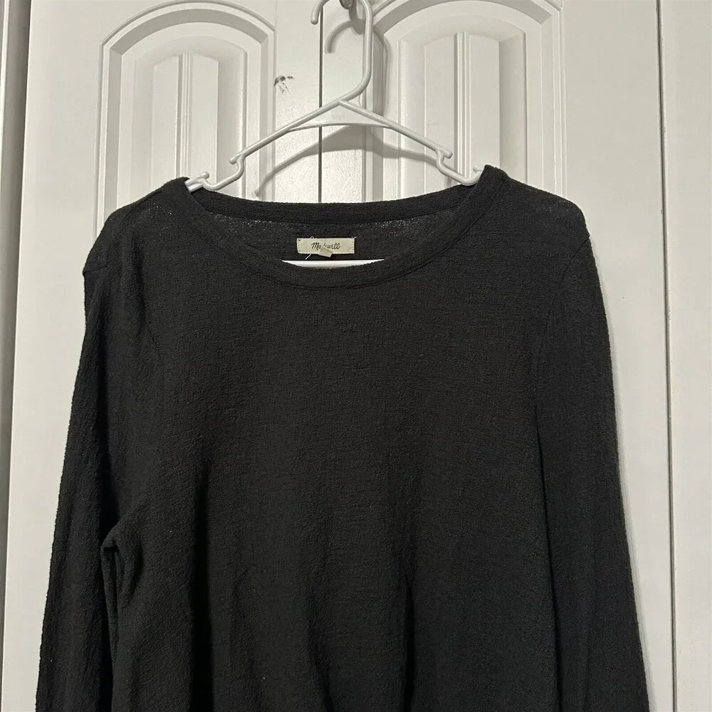 Madewell Blouson Top Black Large Long Sleeve Ruffle Edge Nubby Bell Sleeve